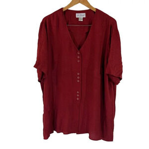 Lee David Rust Red Blouse Plus 14W 16W V Neck Button Up Short Sleeve Rayon Top